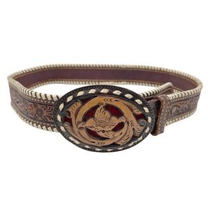 VTG Circle Y Western Tooled Floral Inlay Buckle Buckstitch Leather Belt Rodeo 32